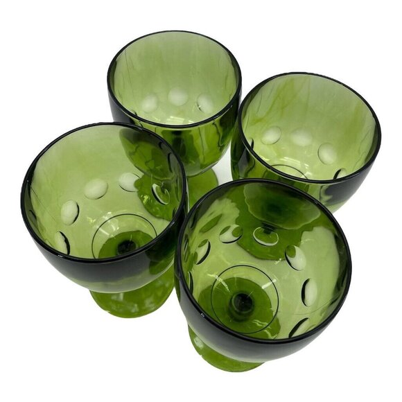 Set Of 4 Green Coin Dot Bartlett Collins Goblets Footed Thumbprint Pedestal Glas - Picture 11 of 13